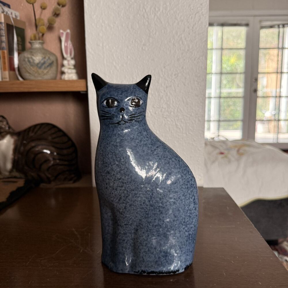 MCM Cat Folk Art Spongeware Blue Cat Ceramic 9" Figurine